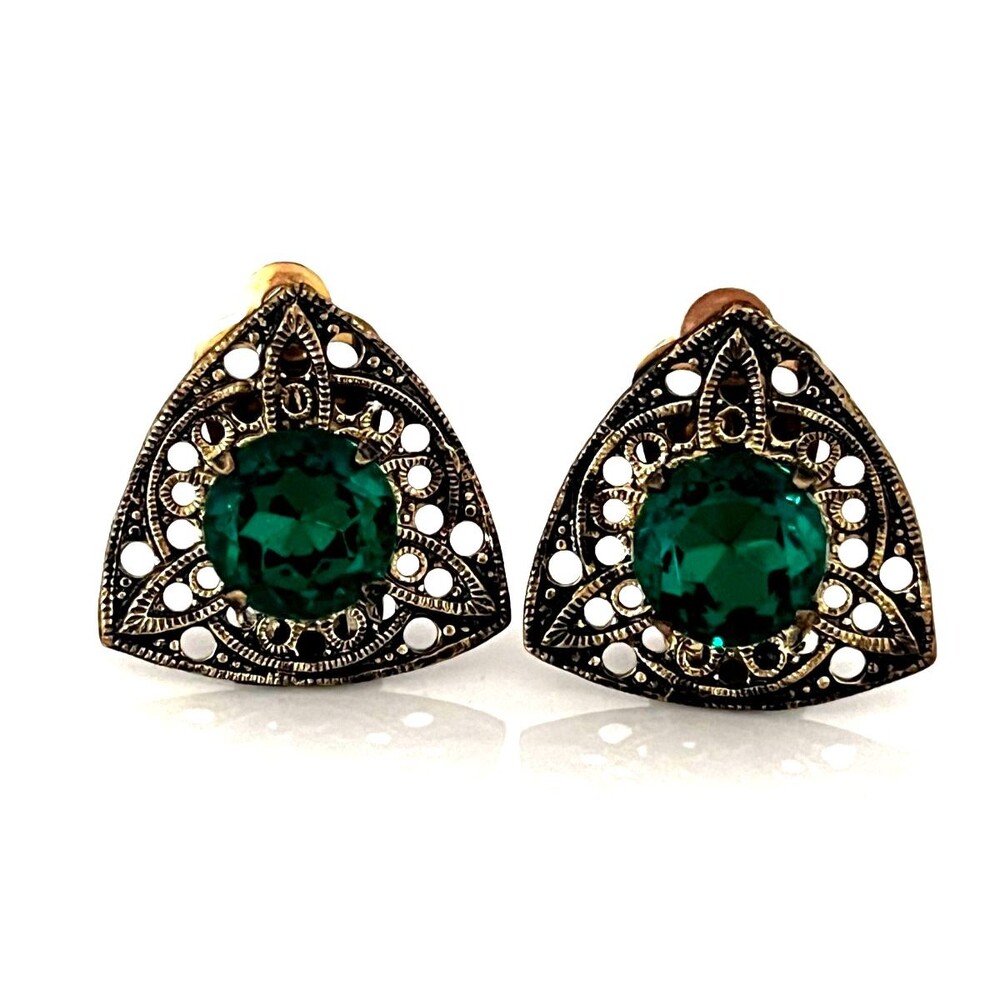 Vintage 1950s Clip Earrings Art Deco Revival Green Czech Glass Filigree - 4N